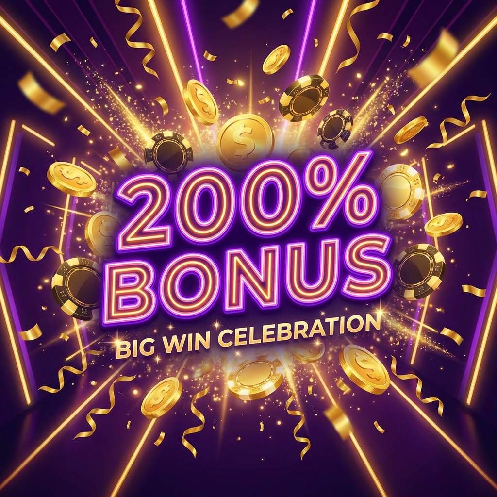 Winning Casino Player with Piles of Gold Coins, Chips and 200% Bonus Celebration