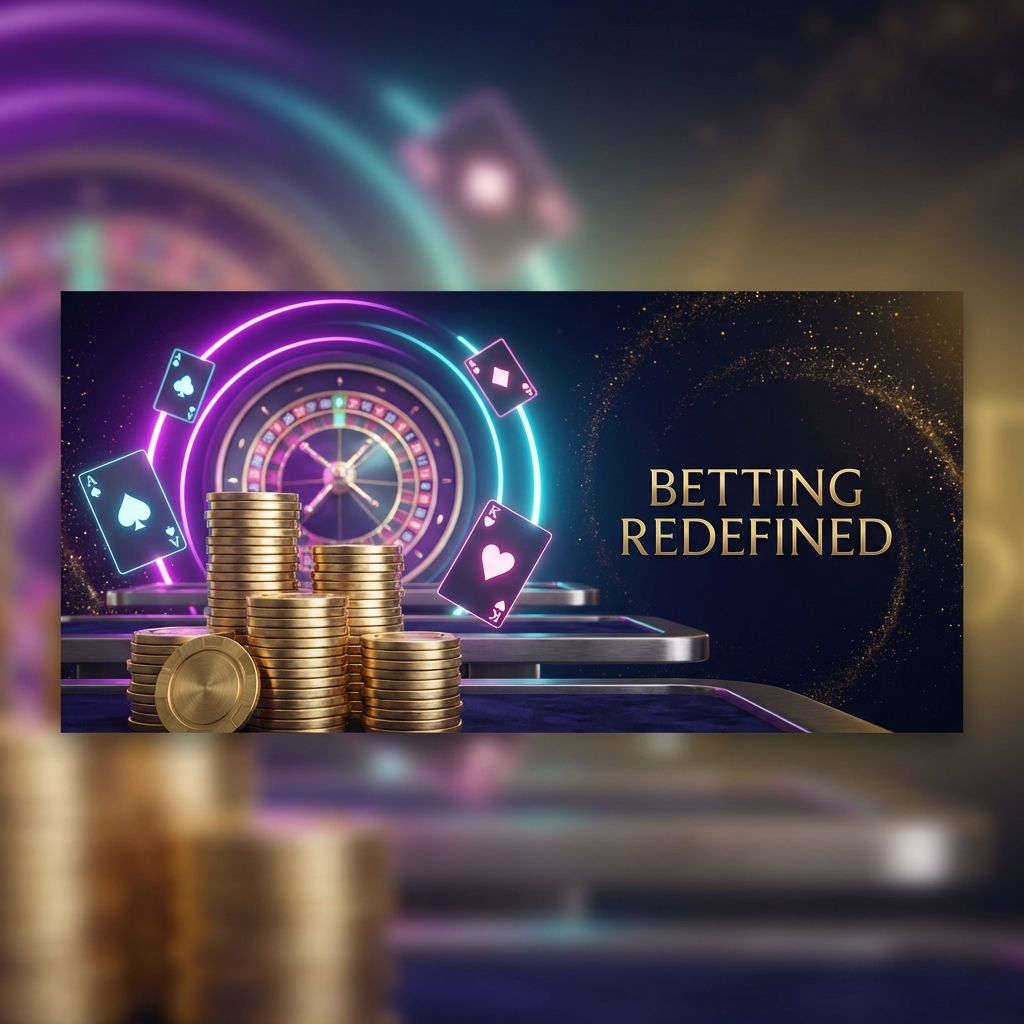 Luxury Casino Interior with Slot Machines, Roulette Tables and Neon Lights