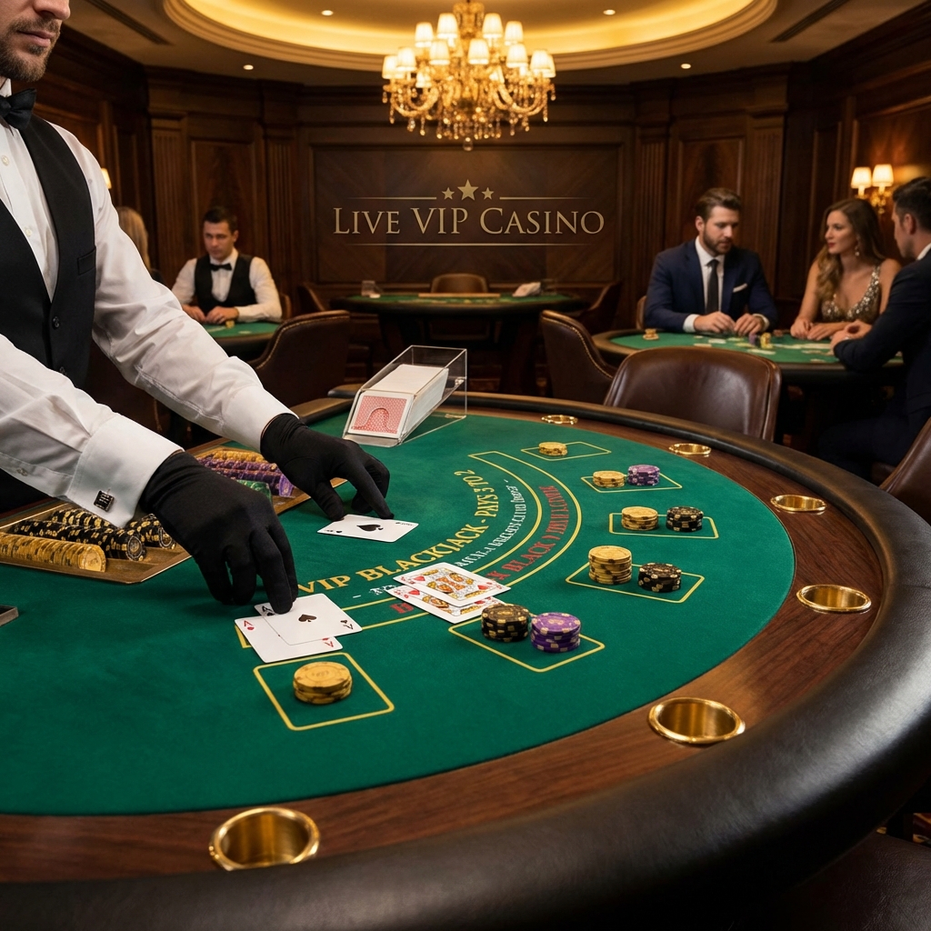 Live Dealer dealing Blackjack cards at VIP Casino Table