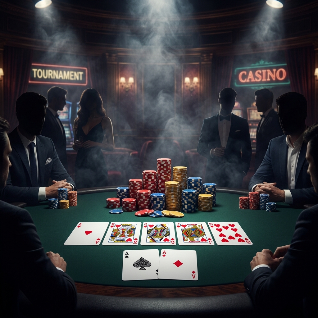 High Stakes Poker Table with Chips and Cards in Premium Casino
